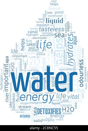 Blue water drop shaped word cloud isolated on a white background Stock Vector