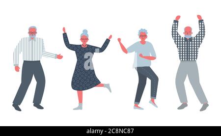 Dancing older people. Cheerful retirees. Old men and old women rejoice and dance. Icons of positive elderly people. Vector illustration Stock Vector