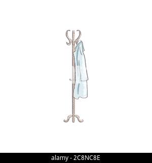 Vintage coat rack with coat. hand-drawn vintage grunge style Isolated on white. vecrot illustration Stock Vector