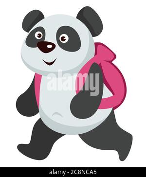 Small panda animal walking with backpack to school Stock Vector