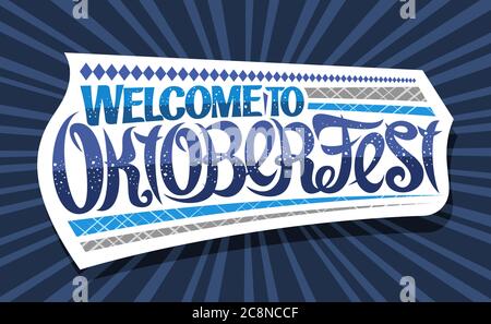 Vector greeting card for Oktoberfest, creative calligraphic font for beer festival with decorative rhomb stripes, white logo with unique brush type fo Stock Vector