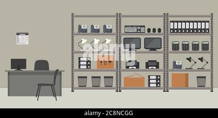 Workplace of the storekeeper. Shelving with office equipment and computer equipment. Storeroom. Warehouse racks Stock Vector