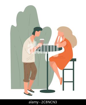 Couple drinking coffee in cafe, friends communicating outdoors Stock Vector