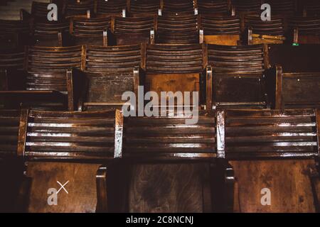 Rows of wooden grandstand empty seats of sport center Gerevich Aladar Nemzeti in Budapest Stock Photo