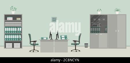 Office room in a gray color. There are desks, green chairs, cabinets for documents and other objects in the picture. Vector flat illustration Stock Vector