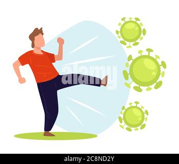 Male character fighting against coronavirus disease molecules vector Stock Vector