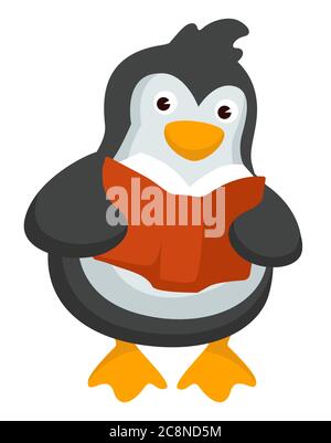 Penguin reading textbook, studying animal with book vector Stock Vector