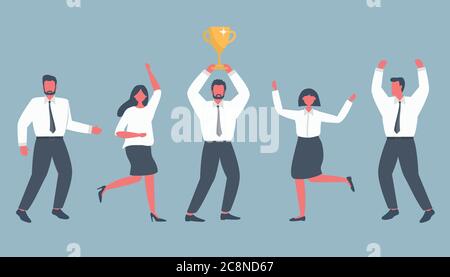 Office workers are celebrating the victory. One of the employees holds the winner's golden cup. Happy employees are dancing and jumping. Stock Vector