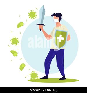 Man wearing mask fighting against bacteria and diseases Stock Vector