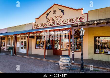Tombstone, Arizona, USA - March 2, 2019: Morning view of Lilly's Tombstone Memories on Allen Street in the famous Old West Town Historic District Stock Photo