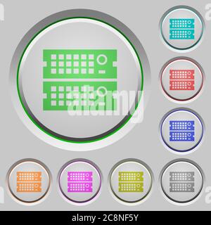 Set of color Rack servers sunk push buttons. Stock Vector