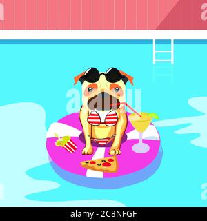 Cute pug on a circle donuts and the inscription summer time. lovely dog on inflatable enjoying summer pool Stock Photo