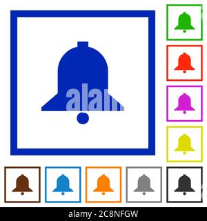 Set of color square framed bell flat icons on white background Stock Vector