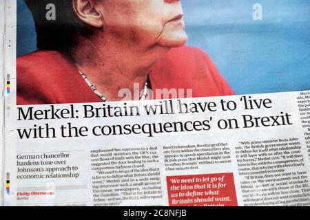 'Merkel: Britain will have to 'live with the consequences' on Brexit' Guardian newspaper article inside page London England UK Stock Photo