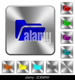 Engraved folder open icons on rounded square steel buttons Stock Vector