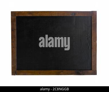 Old grunge blank black chalkboard with old wood frame isolated on white background. Rustic slate with copy space. Stock Photo