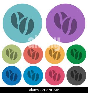 Color coffee beans flat icon set on round background. Stock Vector