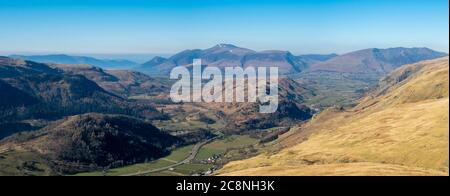 Looking down to Thirlmere with the mountains of Skiddaw and Blencathra in the distance. Stock Photo