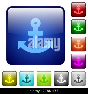 Set of anchor color glass rounded square buttons Stock Vector