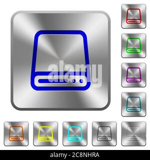Engraved hard disk drive icons on rounded square steel buttons Stock Vector