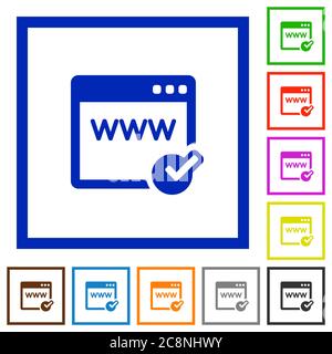 Set of color square framed Domain registration flat icons on white background Stock Vector