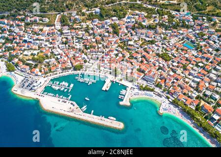 Town of Baska Voda beach and waterfront aerial view, Makarska riviera in Dalmatia, Croatia Stock Photo