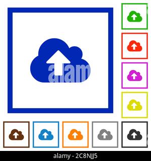 Set of color square framed Cloud upload flat icons on white background Stock Vector