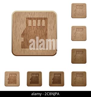 Set of carved wooden Micro SD memory card buttons in 8 variations. Stock Vector