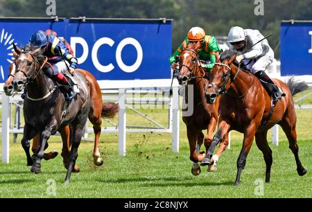 Tenbury Wells ridden by jockey Robert 'Rab' Havlin (right) on their way to win the Betfred Mobile Handicap Stakes at Ascot Racecourse. Stock Photo