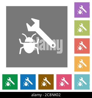 Bug fixing flat icon set on color square background. Stock Vector