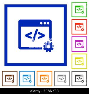 Set of color square framed Web development flat icons on white background Stock Vector