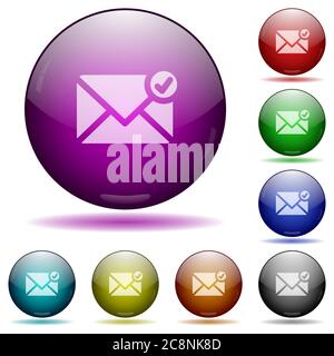 Set of color mail sent glass sphere buttons with shadows. Stock Vector