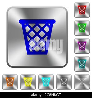 Engraved trash icons on rounded square steel buttons Stock Vector