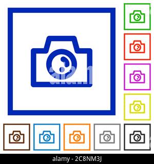 Set of color square framed camera flat icons on white background Stock Vector