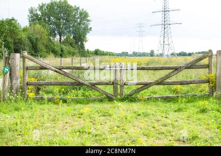 Old wooden closed gate that gives access to a meadow Stock Photo