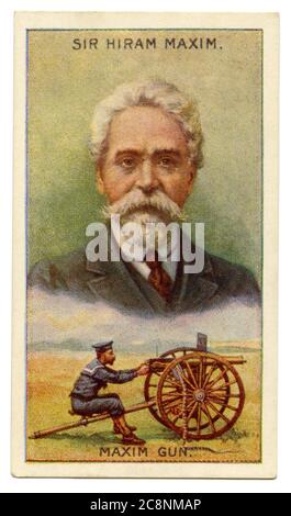 An old cigarette card (c. 1929) with a portrait of Sir Hiram Stevens Maxim (1840–1916) and an illustration of his gun. Maxim was an American-born British inventor best known as the creator of the first portable fully automatic machine gun, the Maxim gun in 1884; it was the first recoil-operated machine gun in production. Maxim held patents on numerous mechanical devices such as hair-curling irons and steam pumps. Maxim laid claim to inventing the lightbulb and experimented with powered flight. Maxim moved from the USA to the UK at the age of 41 and became a British subject in 1899. Stock Photo