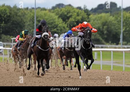 Jojo Rabbit and jockey Luke Morris (right) coming home to win the Sky Sports Racing Sky 415 Novice Stakes at Wolverhampton Racecourse. Stock Photo