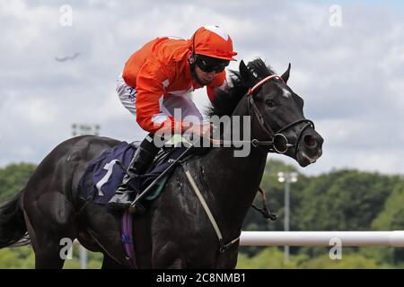 Jojo Rabbit and jockey Luke Morris coming home to win the Sky Sports Racing Sky 415 Novice Stakes at Wolverhampton Racecourse. Stock Photo