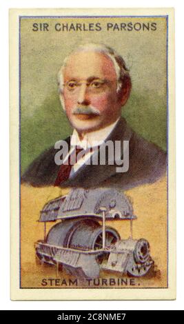 An old cigarette card (c. 1929) with a portrait of Hon. Sir Charles Algernon Parsons, OM, KCB, FRS (1854–1931) and an illustration of his steam turbine. Parsons was an Anglo-Irish engineer, best known for his invention of the compound steam turbine. In 1884 Parsons was head of electrical equipment development at Clarke, Chapman and Co, ship engine manufacturers near Newcastle. He developed a turbine engine there in 1884 and utilised it to drive an electrical generator. Parsons' steam turbine made cheap electricity possible and revolutionised marine transport. Stock Photo