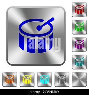 Engraved drum icons on rounded square steel buttons Stock Vector