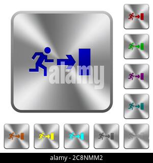 Engraved exit icons on rounded square steel buttons Stock Vector