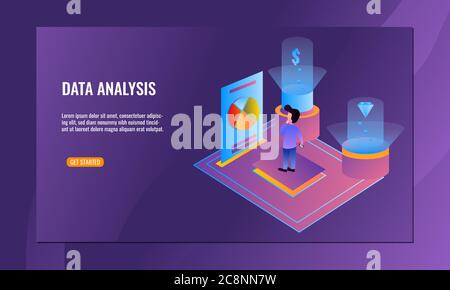 Data analysis isometric illustration.Concept of landing page.Vector design template isolated. Stock Vector