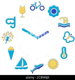 Vector illustration. Summer time. Activities icons in a watch sphere with hours. Stock Vector