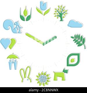 Vector illustration. Spring time. Activities icons in a watch sphere with hours. Stock Vector