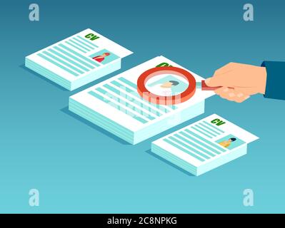 Human resources search and recruitment concept. Vector of a businessman with magnifying glass reviewing applicant CV Stock Vector