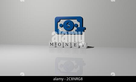 3D graphical image of MONEY vertically along with text built by metallic cubic letters from the top perspective, excellent for the concept presentation and slideshows. illustration and business Stock Photo