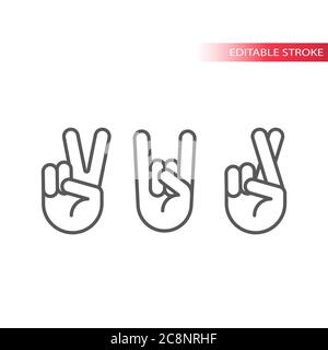 Rock, peace and fingers crossed vector icon set. Hand gestures outline symbols, editable line. Stock Vector