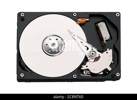 Opened hard drive unit from above. Stock Photo