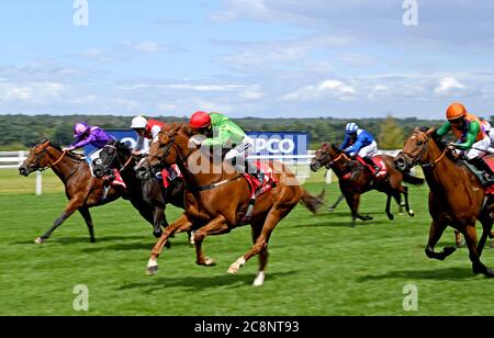 Tone The Barone ridden by jockey Harry Bentley (third left) on their way to win the Play Nifty Fifty Exclusively At Betfair Handicap Stakes at Ascot Racecourse. Stock Photo