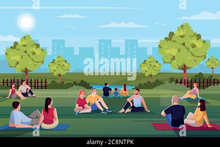 Urban park semi flat vector illustration. Friends rest together outside. Summer recreation for family outdoors. Sit on blanket and lounge. Resting cro Stock Vector